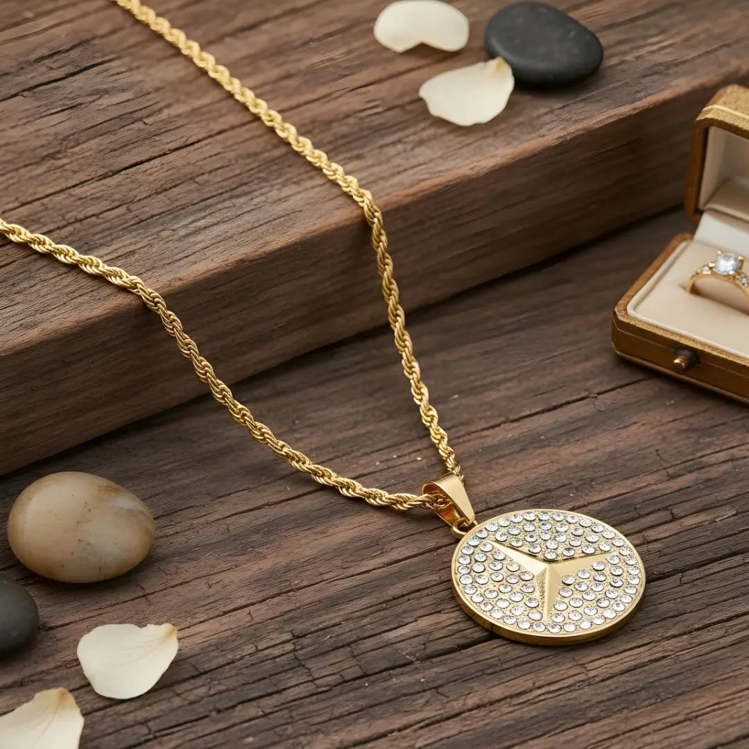18K Gold Filled Iced Out Three-Point Star Logo Medallion Necklace – Rope Chain Pendant for Men & Women